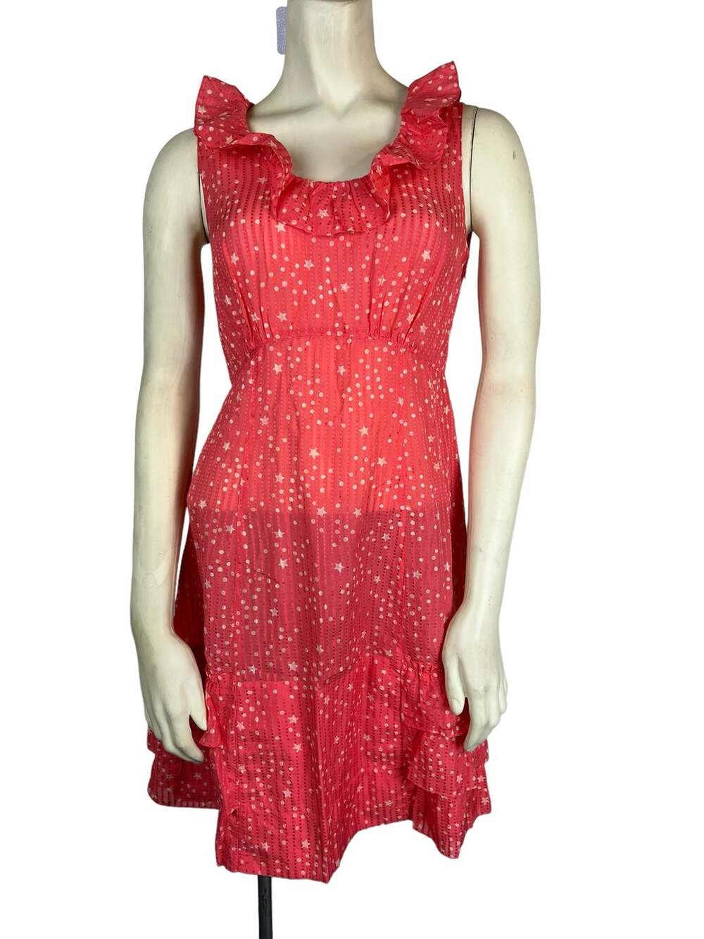 Marc Jacobs Dress 2 sheer Peach coral star striped sundress ruffled fit flare